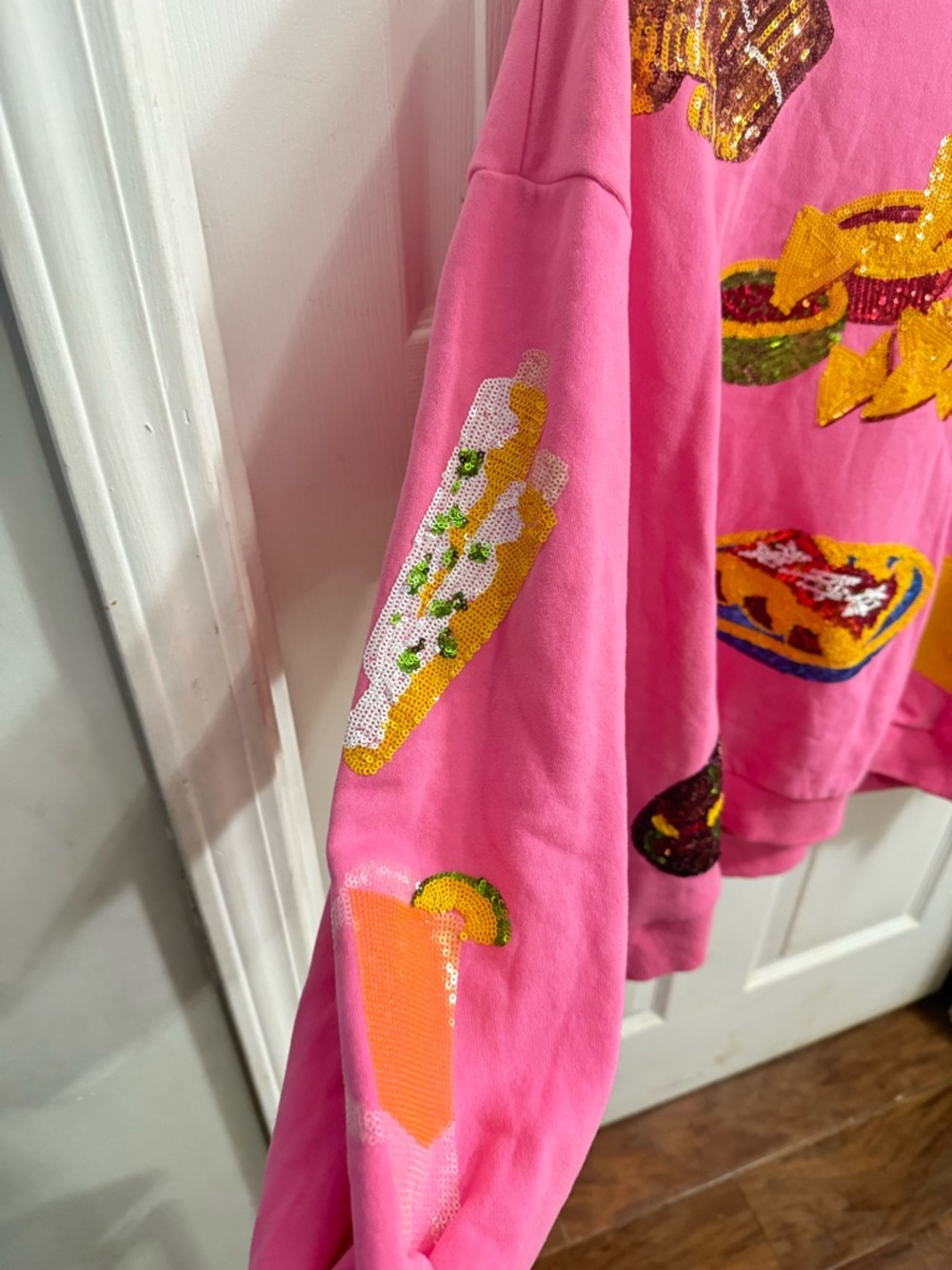 QUEEN OF SPARKLES Pink Sequin Mexican Food Motif Sweatshirt - Picture 5 of 6
